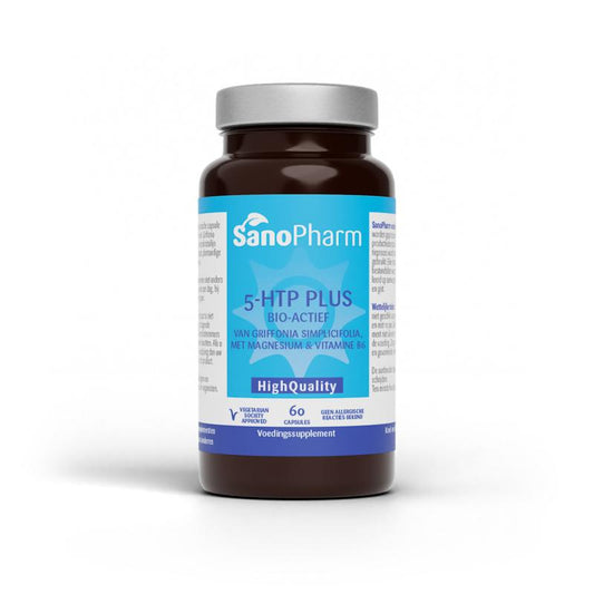 SanoPharm 5-HTP plus herbal supplement capsules in a bottle, dietary supplement for mood support and relaxation.