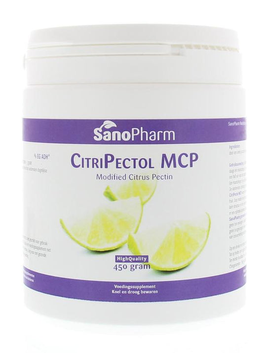 SanoPharm Citripectol MCP herbal supplement in a 450g container, featuring dried herbal ingredients for natural health support