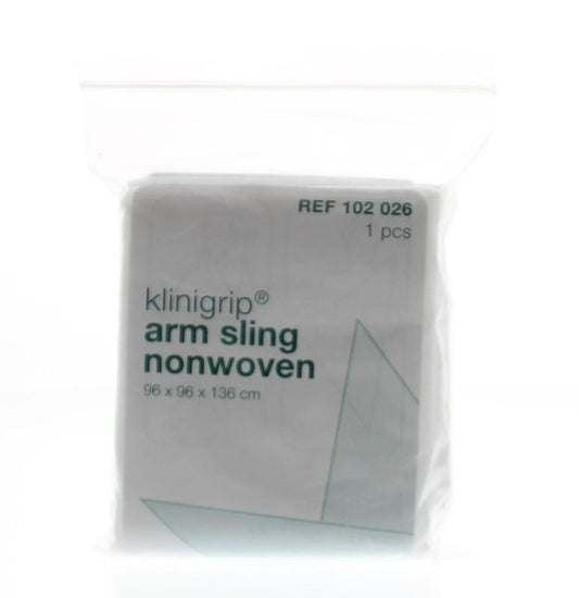 Klinion Klinigrip non-woven mitella bandage, sterile and flexible, displayed in a box, used for arm support and compression.
