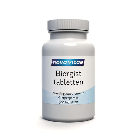 Nova Vitae Biergist tablets for herbal preparations, showing a close-up of the supplement bottle with tablets inside.