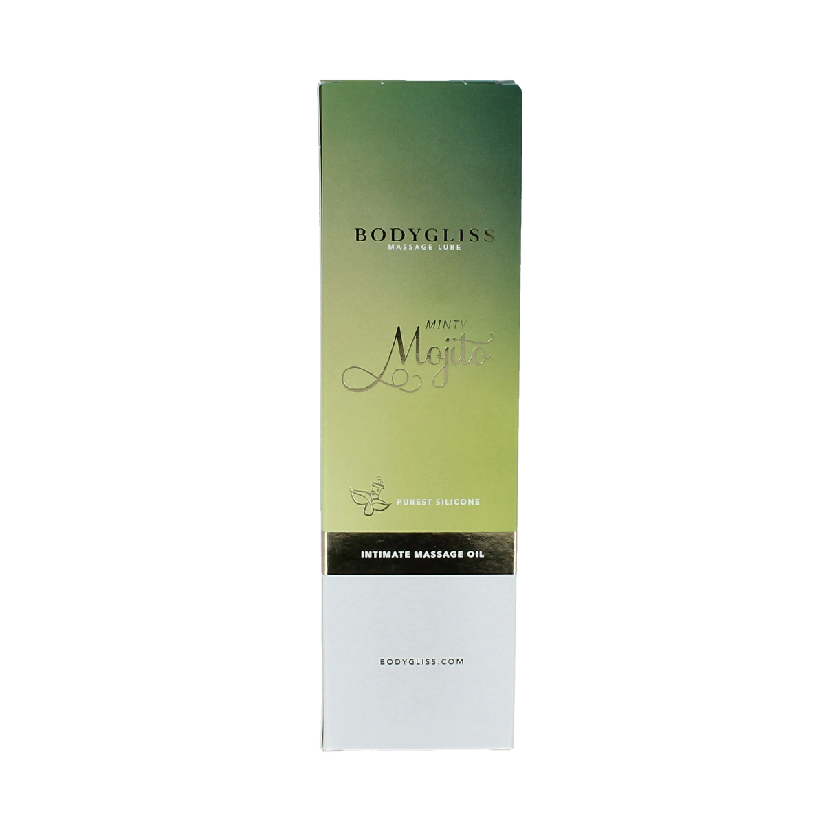 Bodygliss Minty Mojito massage oil and lubricant in a 150ml bottle, with minty scent and smooth texture for massage and intimacy.