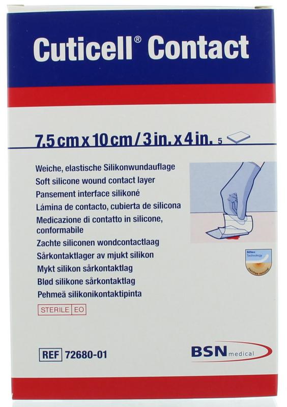 Cuticell Contact 7.5cm x 10cm adhesive dressings, 5-pack, sterile medical tape for wound care and protection.