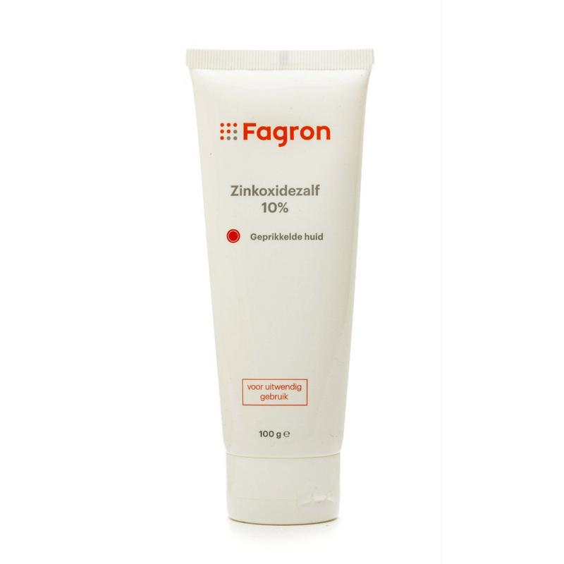 Fagron Zinkoxidezalf 10% body care cream in 100g tube, showing the product packaging and application texture.