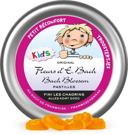 Bach Bloesem pastilles in a clear container, showing herbal remedy with colorful pastilles for emotional well-being.