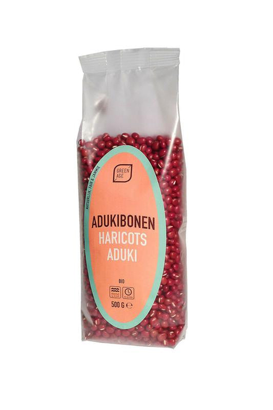 Greenage Adukibonen bio, fresh green beans in a 500g package, showcasing vibrant green vegetables on a white background.