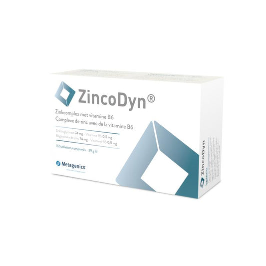 Metagenics Zincodyn 112mg mineral tablet showing the supplement's packaging and tablet details.