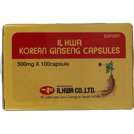 Ilhwa Korean ginseng capsules, herbal supplement in a bottle, containing 100 capsules for natural health support.