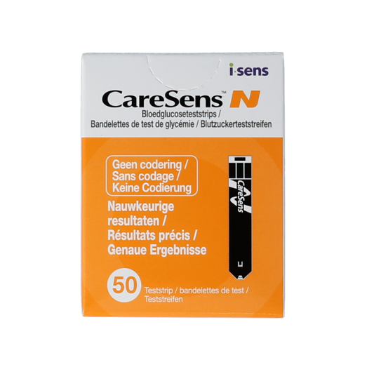 Caresens N glucose test strips for blood sugar testing, 50-pack, with detailed packaging and strips visible in the image.