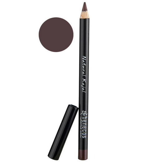 Benecos Natural Beauty brown kajal eyeliner pencil with open cap, showcasing smooth, natural makeup product for eye enhancement.