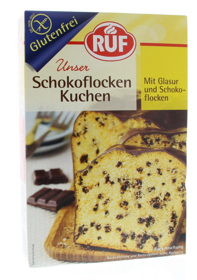 RUF gluten-free chocolate chip cake mix in a 455g package, ideal for baking delicious chocolate-flavored cakes.