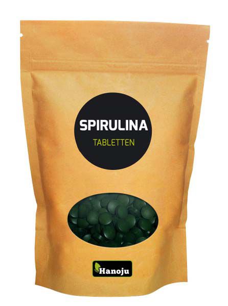 Hanoju Spirulina 400mg supplement in a resealable zak, 2500 pieces, natural herbal preparation for health and wellness.