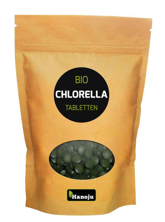 Hanoju Bio chlorella tablets in paper bag, herbal supplement, green algae tablets for detox and nutrition, natural health product