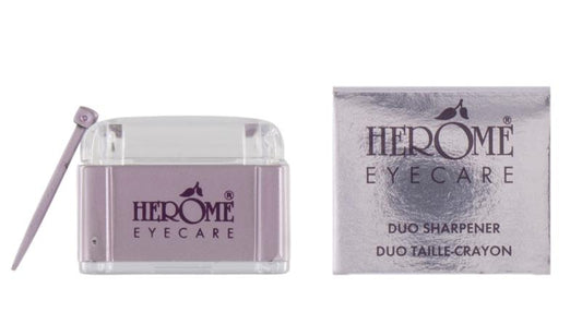 Herome Duo sharpener for make-up pencils, compact and durable, shown in a close-up image.