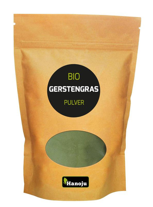Hanoju organic ground barley grass in paper bag, 500 grams, herbal supplement product for health and wellness.