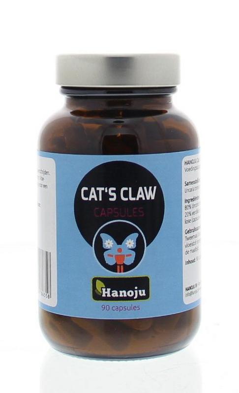 Hanoju Cat's Claw 400mg herbal capsules in a bottle, vegetarian supplement for immune support and overall wellness.