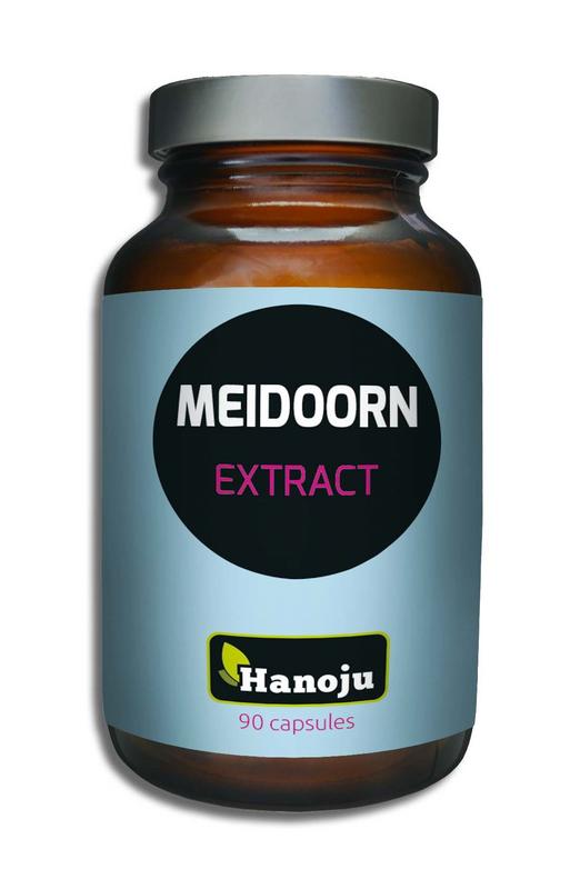 Hanoju Meidoorn extract 450mg herbal capsules, vegetarian supplement in a white bottle with capsules visible inside.