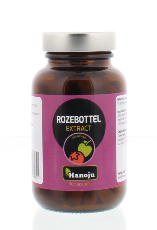 Hanoju Rozenbottel extract capsules with 45% vitamin C, 500mg, herbal supplement in a bottle.