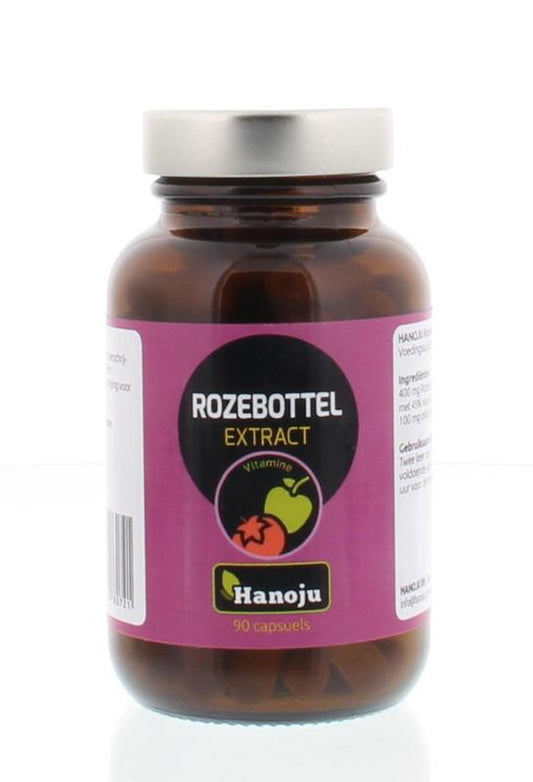 Hanoju Rozenbottel extract capsules with 45% vitamin C, 500mg, in a bottle of 90 herbal supplement capsules.