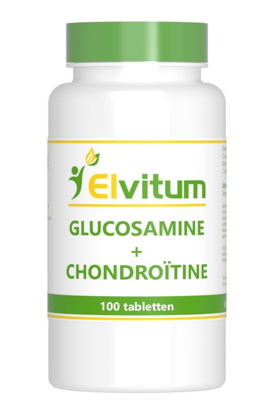 Elvitum Glucosamine Chondroitin mineral supplement tablets, 100-count, showing a bottle of dietary tablets for joint support.