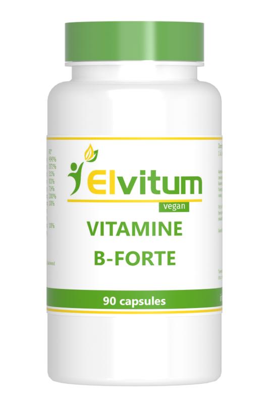 Elvitum Vitamin B-forte gistvrije vegetarian capsules, multivitamin supplement, showing 90 capsules in the bottle.