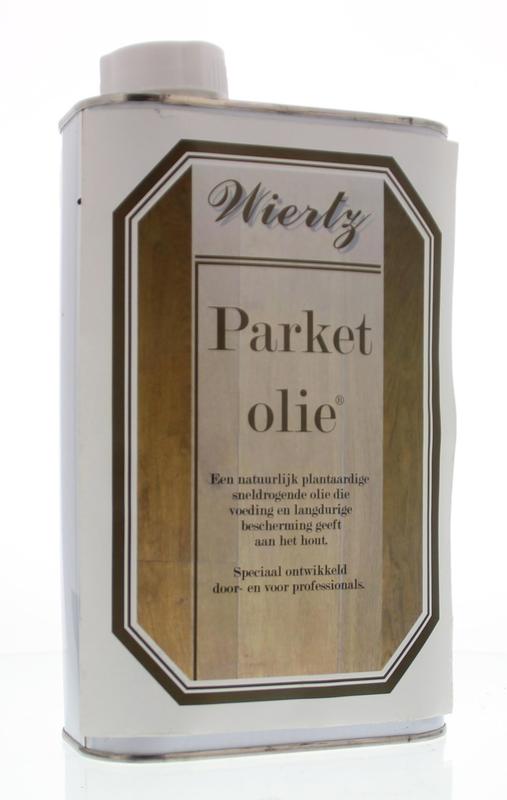 Wiertz Parket olie 1.00 liter in a container, used for cleaning and finishing hardwood floors, part of Wiertz schoonmaakartikelen.