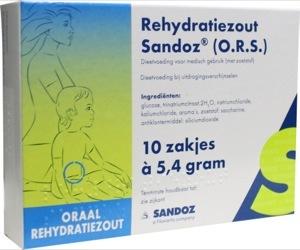 Sandoz Rehydratatiezout sachet 5.4g, medical dietary supplement, showing a close-up of the sachet with product details.