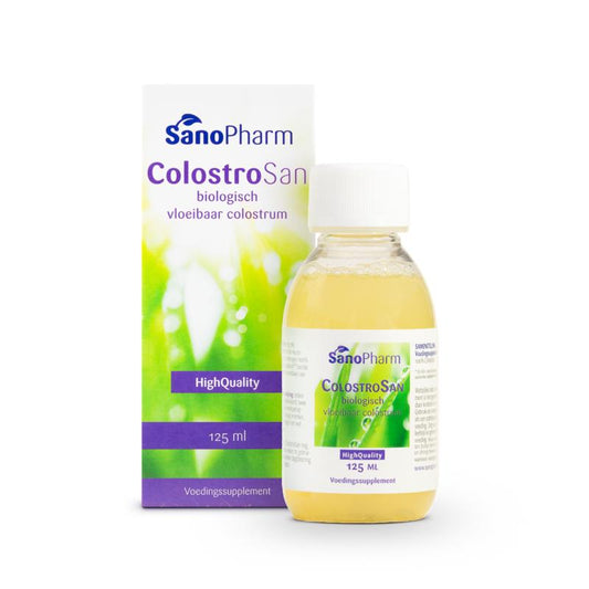 SanoPharm Colostrosan herbal supplement bottle, 125ml, with label and cap visible in the image.