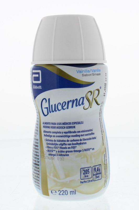Glucerna SR Vanille medical dietary supplement in 220ml bottle showing the vanilla-flavored nutritional drink.