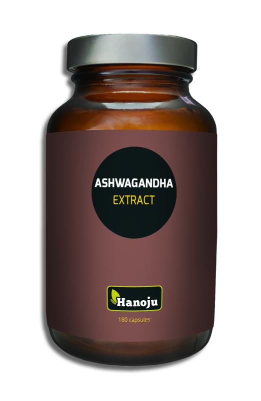 Hanoju Ashwagandha extract capsules in a bottle, herbal supplement for wellness, part of Kruidenpreparaten by Hanoju.