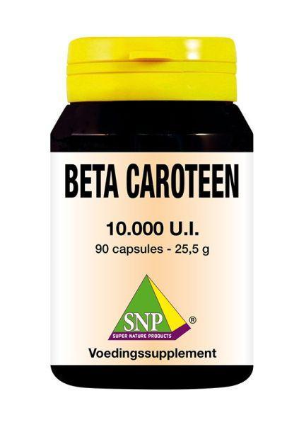 SNP Beta Caroteen 10,000 IU vitamin capsules in a bottle, designed for natural skin and eye health support.