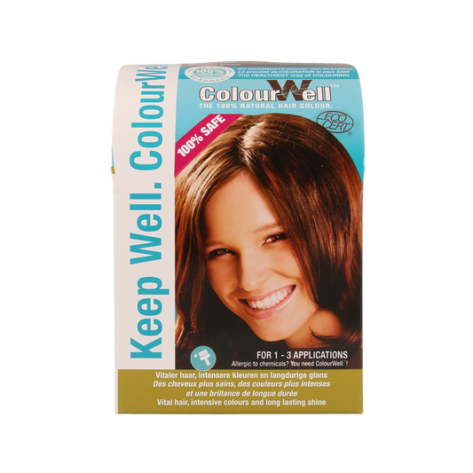 Colourwell natural hair dye in kastanje bruin color, 100g, showcasing the hair coloring product in its packaging.
