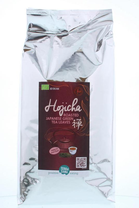 TerraSana Hojicha three-year organic tea leaves in a 1kg bag, showcasing the dried green tea leaves in the package.