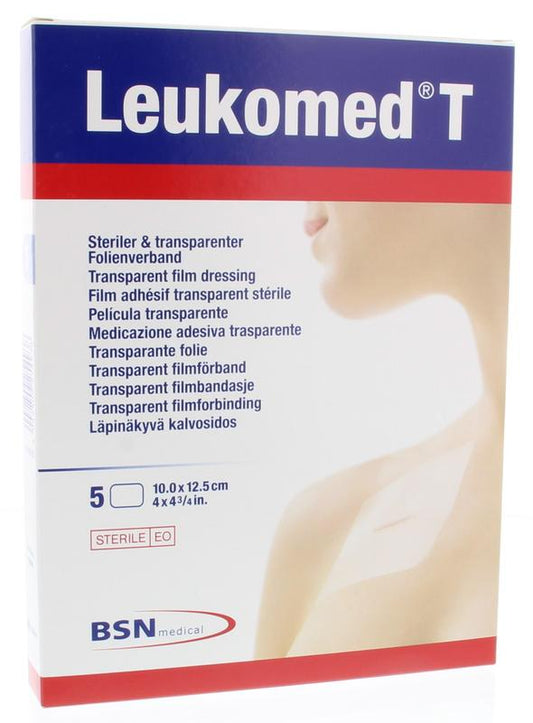 Sterile Leukomed transparent wound dressing, 10x12.5cm, 5-pack, waterproof medical tape for wound protection and healing.