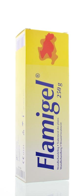 Flamigel Hydroactive Wondgel 250g for burns and wounds, showing the gel in a clear container with packaging.