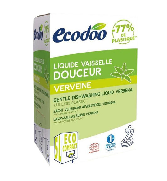Ecodoo liquid dish soap with verbena scent in a 5-liter refill bottle, eco-friendly biodegradable dishwashing liquid.