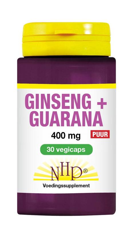 NHP Ginseng Guarana 400mg herbal supplement capsules in a bottle, showing the product label and capsules inside.
