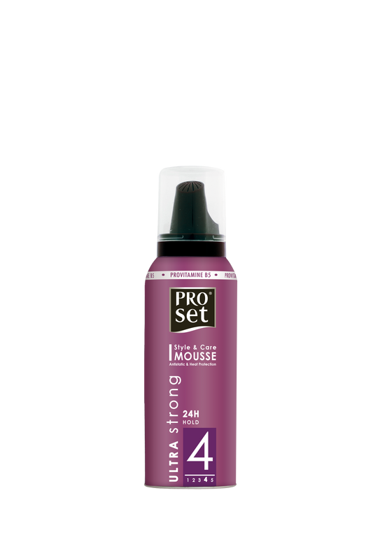 Proset Mousse ultra mini 50ml hair styling product in a small aerosol can, designed for adding volume and hold to hairstyles.
