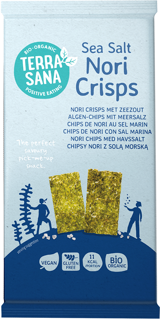TerraSana Nori Crisps Zeezout bio chips with sea salt in 16g portion pack, featuring seaweed chips with sea salt seasoning.