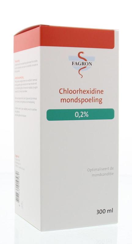 Fagron chlorhexidine mouthwash 0.2% in a 300ml bottle, used as a mouth rinse for oral hygiene and gum health.