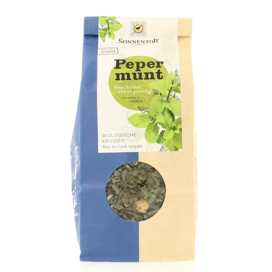 Sonnentor organic Pepermunt tea loose leaf in 50g package, showing fresh green peppermint leaves and tea packaging.