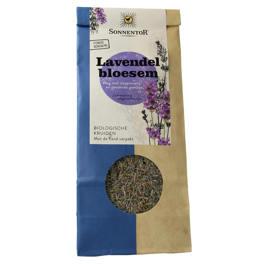Sonnentor organic lavender blossom tea in 70g package, displaying dried lavender flowers in a clear container.