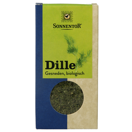 Fresh organic dill in a 15g Sonnentor spice jar, ideal for herbs, seasonings, and meal mixes.