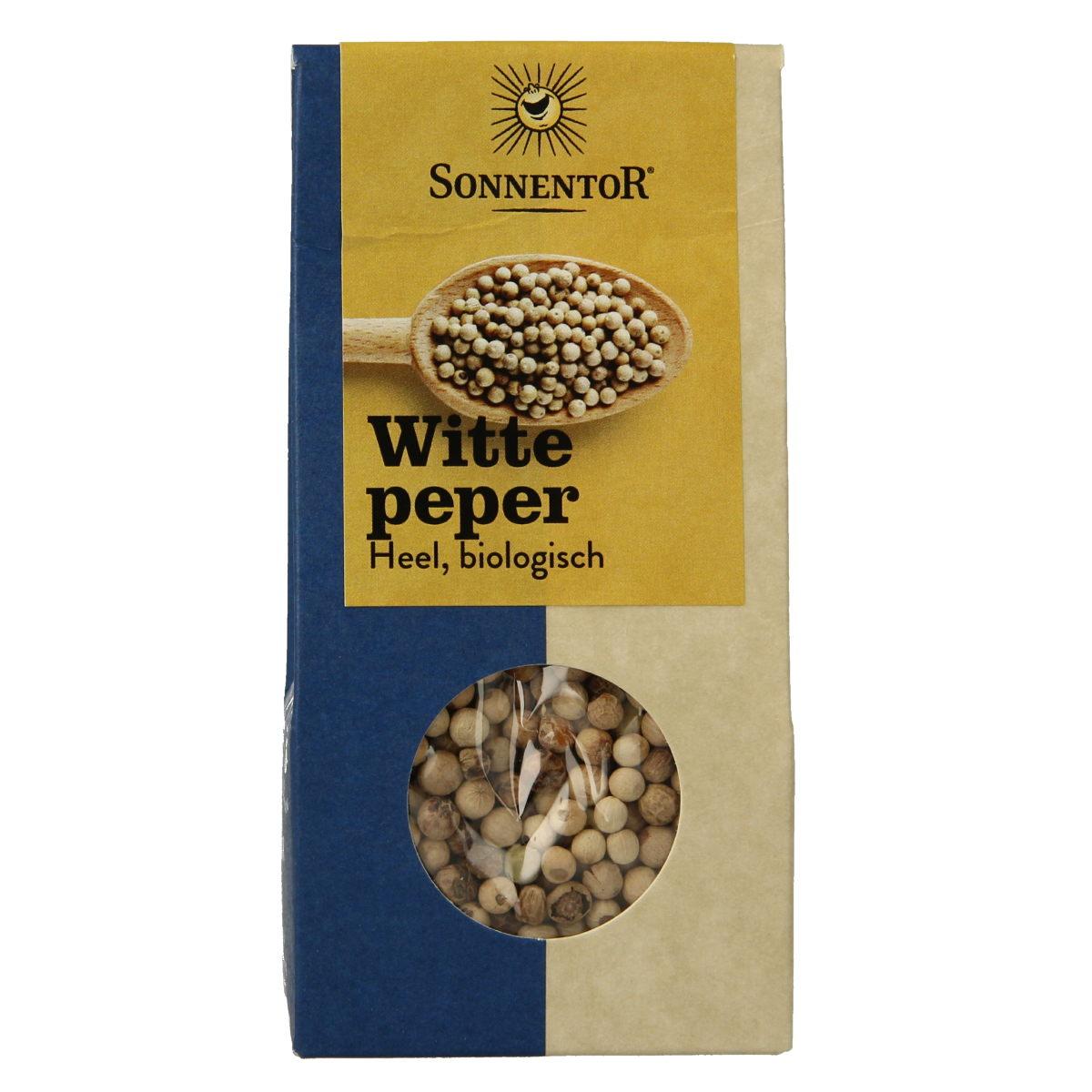 Organic Sonnentor white pepper in a 35g jar, part of herbal, salt, and meal mixes collection, shown in a clear container.