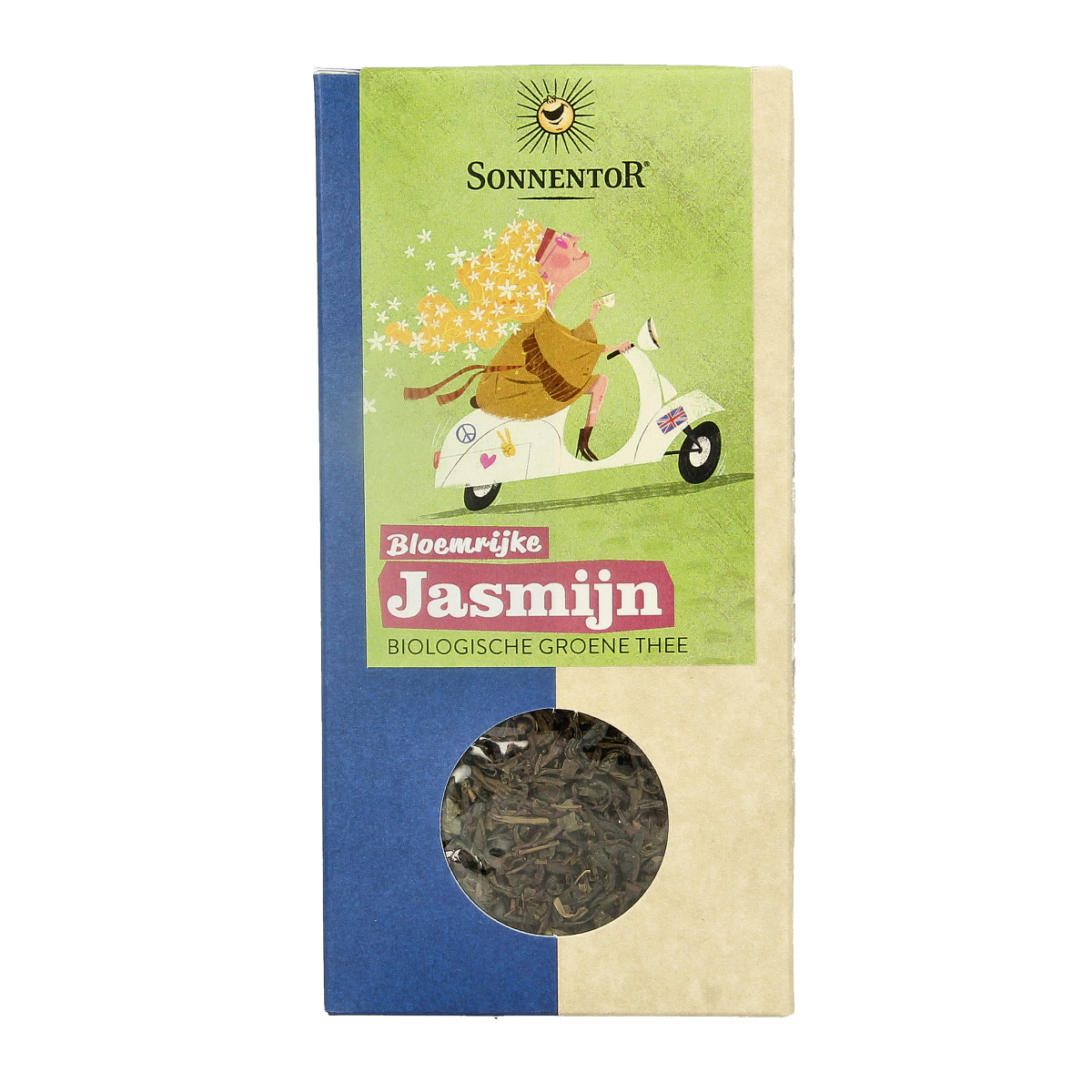 Sonnentor organic green jasmine tea leaves in a clear jar, showcasing fresh, loose green tea with jasmine blossoms.