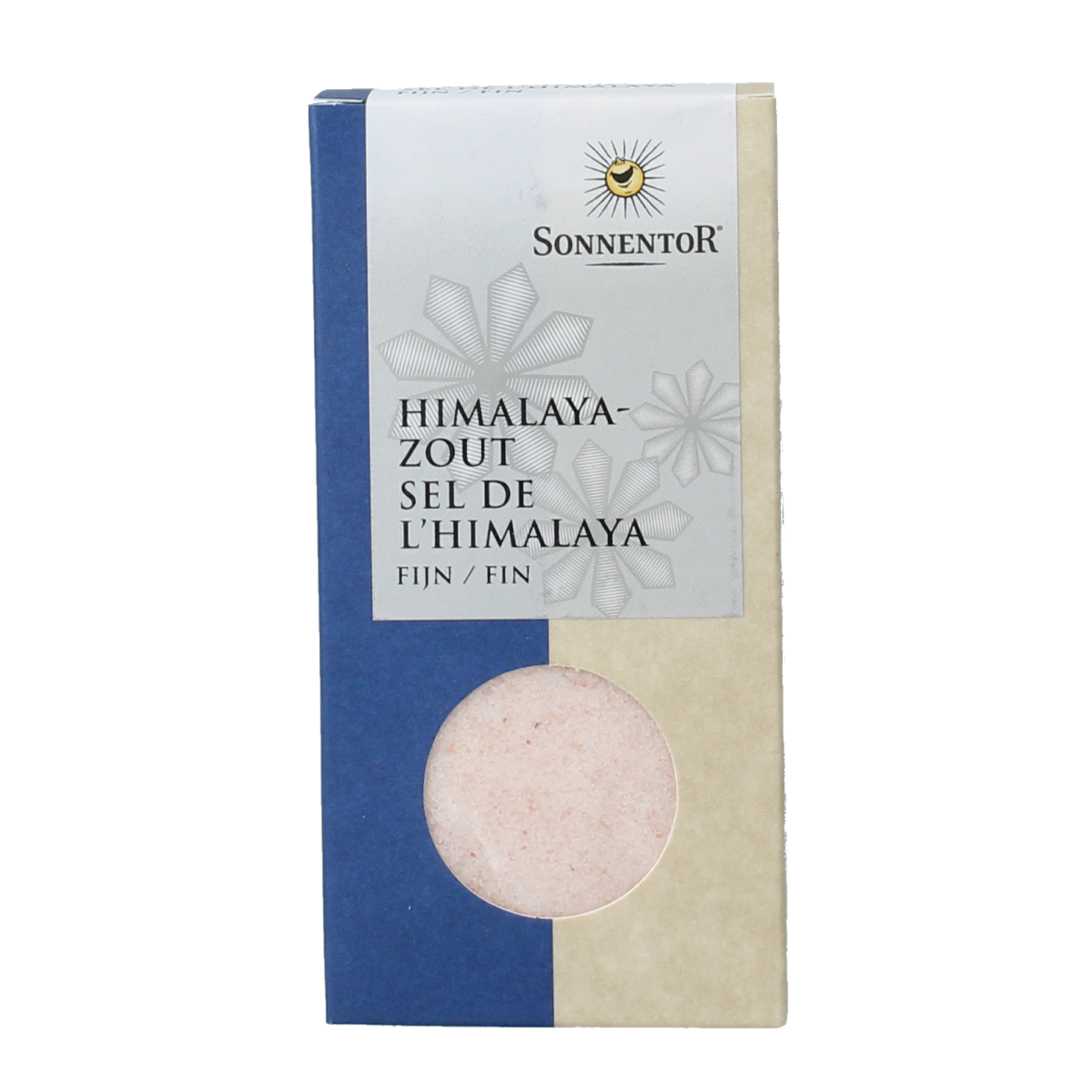 Sonnentor Himalayazout fijn bio, 150g, natural pink Himalayan salt in a clear glass jar with a metal lid.