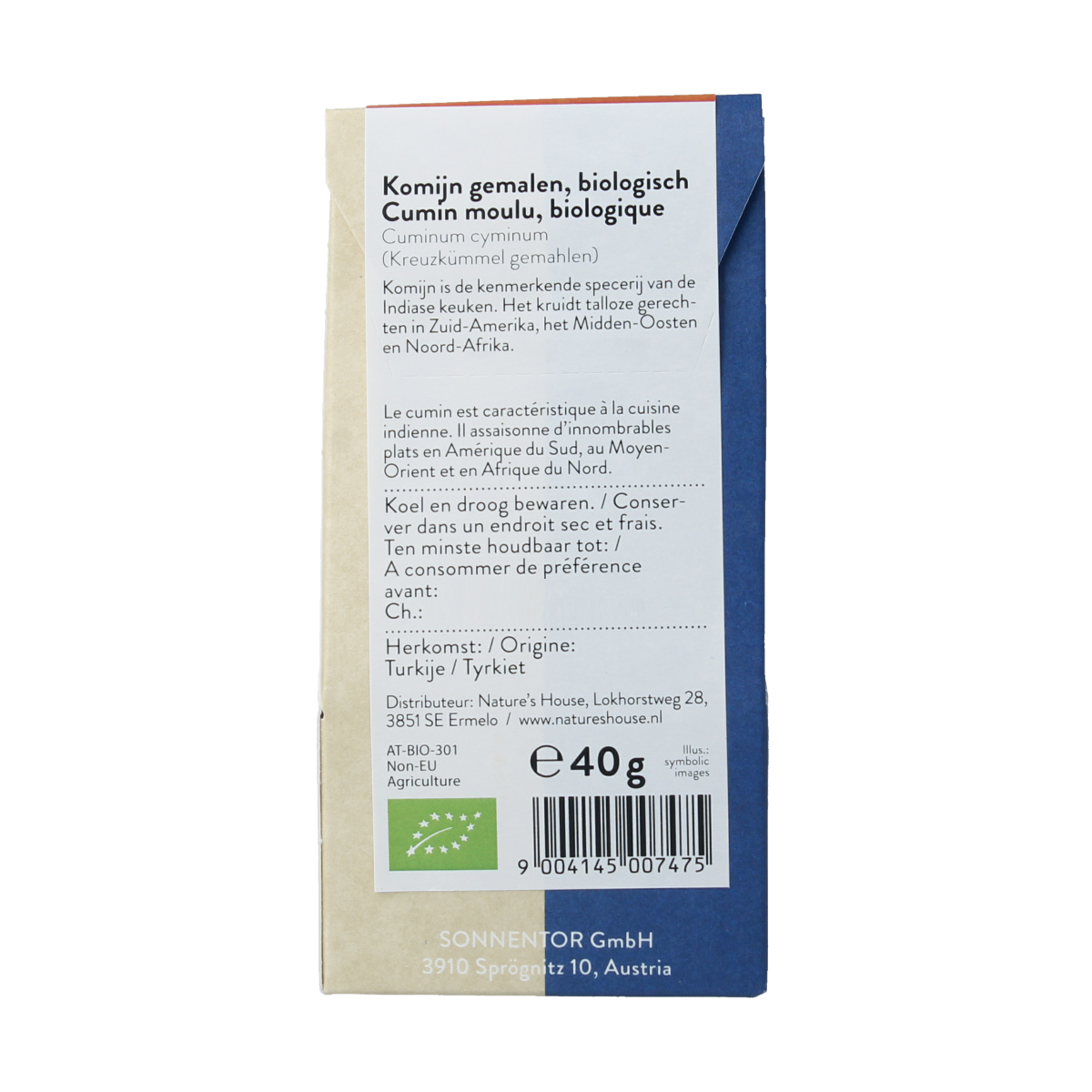 Ground organic cumin from Sonnentor, a 40g package of aromatic herb spices for cooking and seasoning.