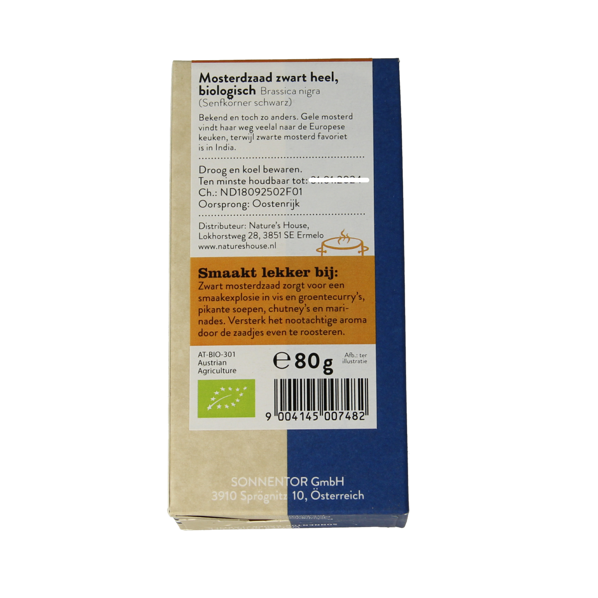 Sonnentor organic black mustard seeds in 80g package, fresh and whole, used for cooking and flavoring dishes.