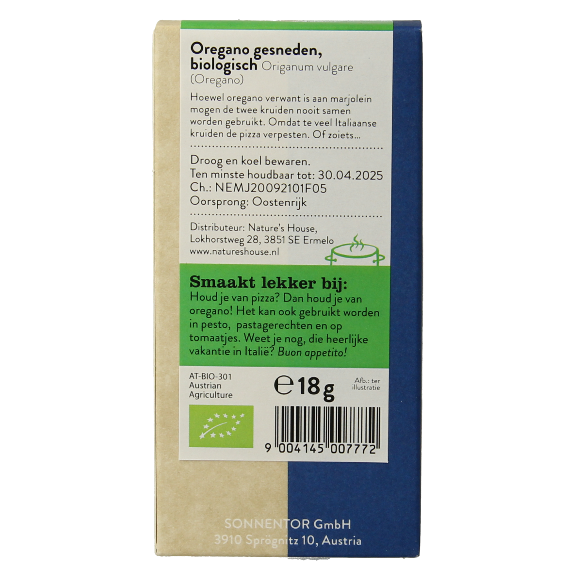 Sonnentor bio oregano in 18g package, fresh dried herbs for cooking, part of kruiden, zouten en maaltijdmixen collection.
