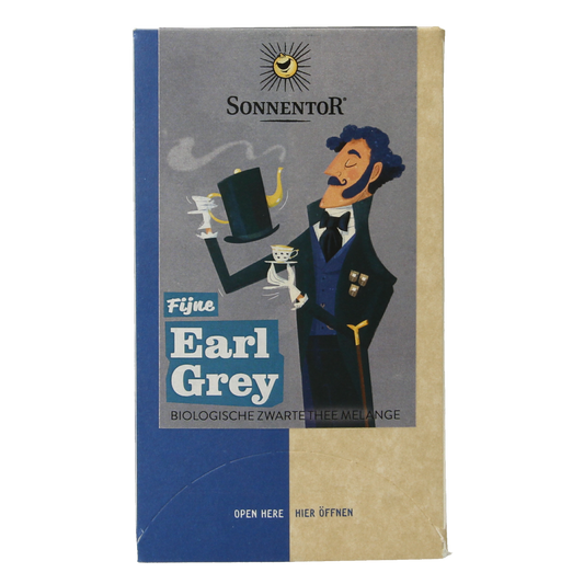 Organic Sonnentor Earl Grey tea bags, 18-count, featuring black tea with bergamot aroma, in a clear package.