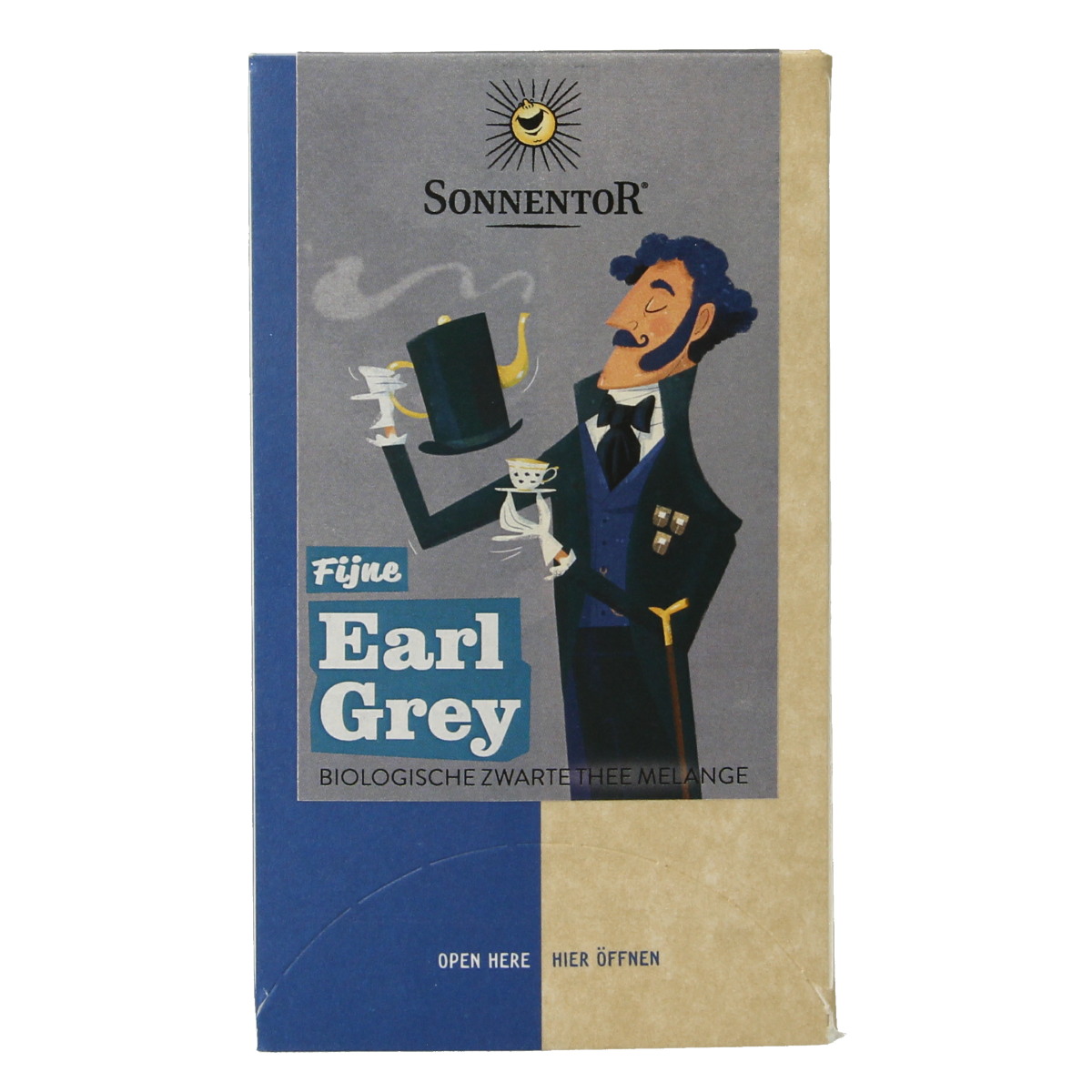 Sonnentor Earl Grey tea bags, organic black tea with bergamot flavor, shown in a box with 18 tea bags.